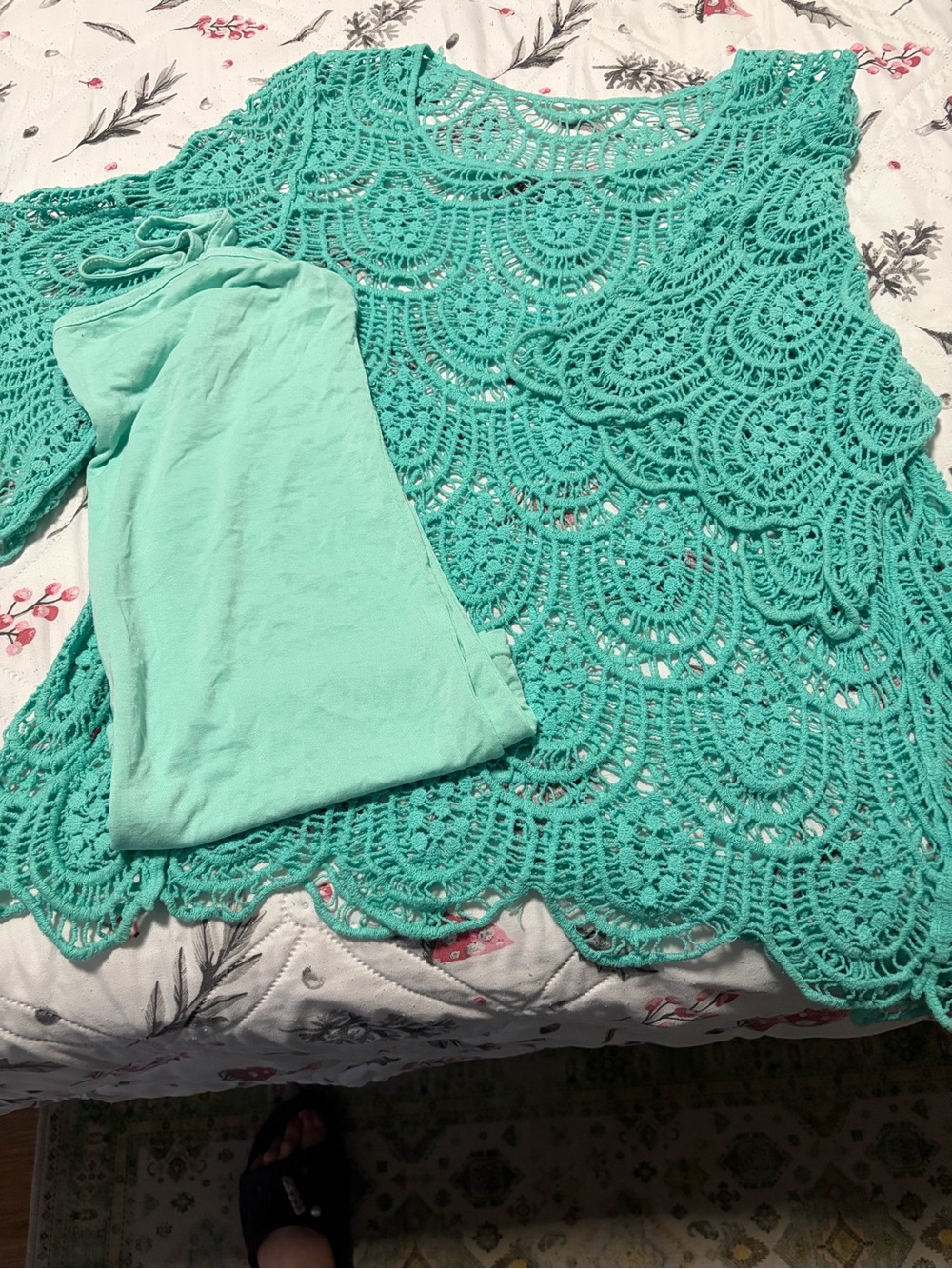 Crochet Lace Shell Overlay Top in Mint Green